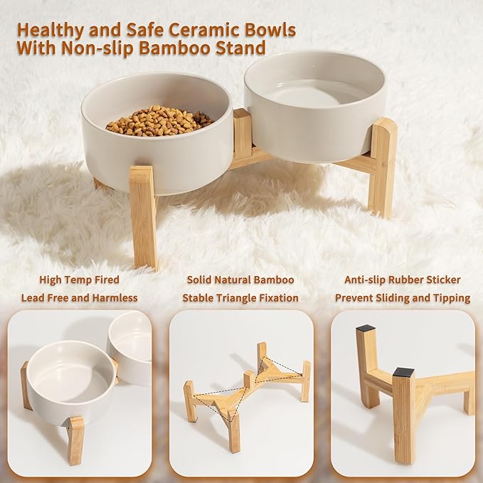Elevated Ceramic Dog Bowl Set - Raised Dog Bowls with Non-Slip Bamboo Stand - Dog Food and Water Bowl Set - Double Dog Feeding Bowls - Suitable for Small and Medium Dogs - 28.74 OZ - 3.6 CUPS - 850 ML-PurrikoPets