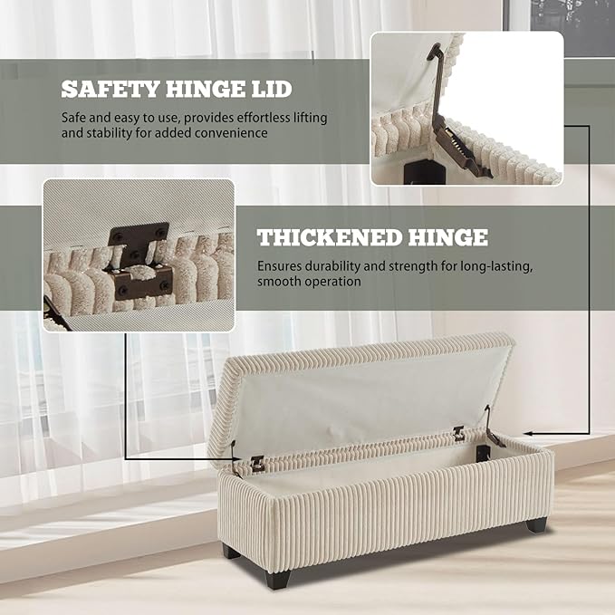 48" Ottoman with Storage, Corduroy Storage Ottoman Bench for Bedroom, End of Bed Bench with Safety Hinge for Living Room, Bedroom, Entryway, Beige-PurrikoPets