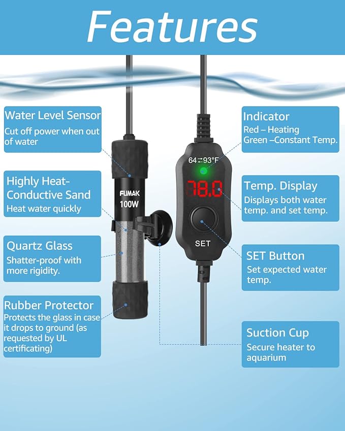 100W Adjustable Aquarium Heater Super Short Submersible Fish Tank Heater Fish Heater with LED Digital Display Thermostat, for Tanks 10-20 Gallons-PurrikoPets