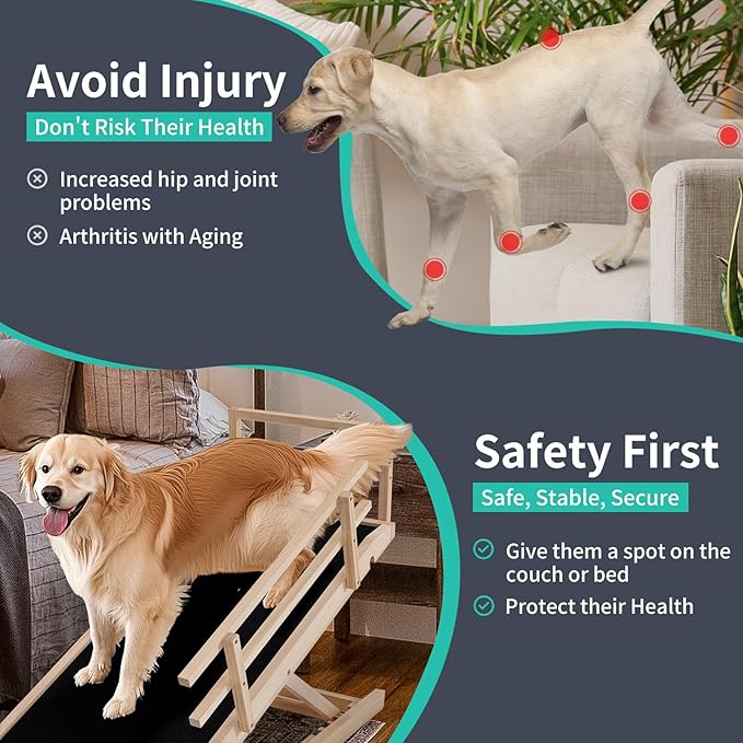 Dog Ramp, 5 Level Adjustable Height Folding Pet Ramp for High Bed, Portable Paw Ramps Large Bed Ramp for Medium & Large Old Dogs & Cats - Natural Wood Furniture Quality-PurrikoPets