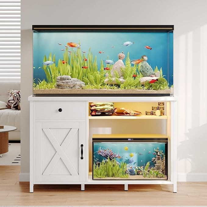 55 Gallon Fish Tank Stand with LED Light & Power Outlets, 55-75 Gallon Aquarium Stand with Drawer & Barn Door, 50" L x 20" W Cabinet for 2 Fish Tank Accessories Storage, Turtle Tank, Antique White-PurrikoPets
