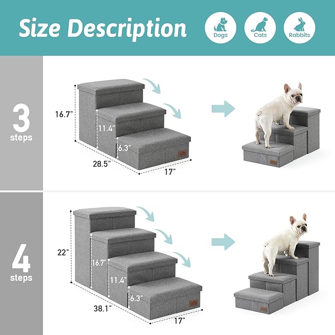Dog Stairs with Storage, 3-Step Wider Sturdy Dog Steps for Small/Medium/Large Dogs and Older Cats, Folding Doggie Ramp for Bed/Couch/Car Hold Up to 180 lbs (16.7" H, Grey)-PurrikoPets