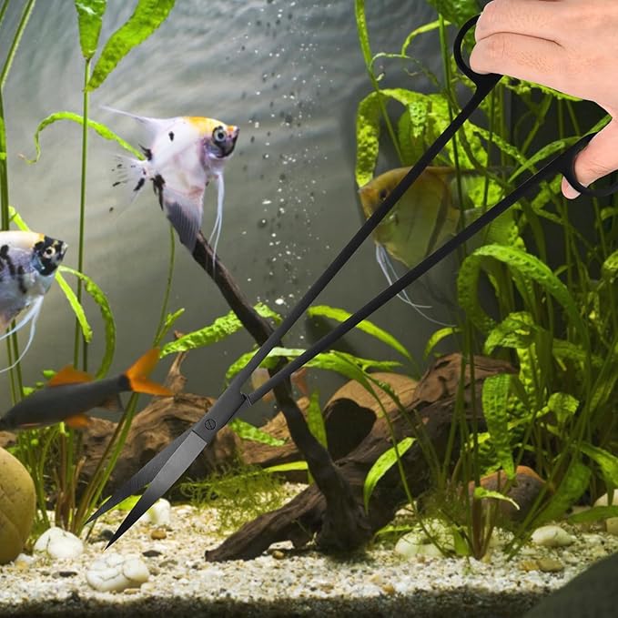 15Inch Extra Long Design Aquarium Aquascaping Tool Stainless Steel Aquascape Tools Kit 4 in 1 Anti-Rust Fish Tank Starter Kit with Long Tweezers Scissors Spatula for Aquarium Plants (Black)-PurrikoPets