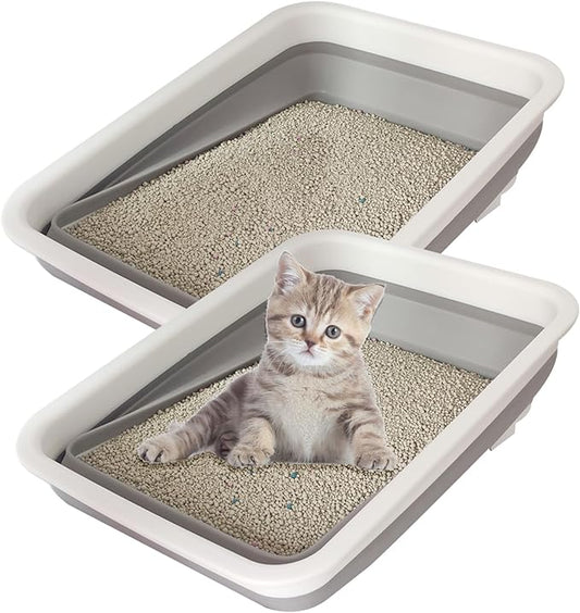 2 Pack Collapsible Small Cat Litter Box, Open Kitten Litter Potty Pan Low Entry Pet Kitty Toilet Foldable Waterproof Travel Toilet for Sick Frail Kitty 14.6 x 10.6 x 4.8 inches Grey-PurrikoPets