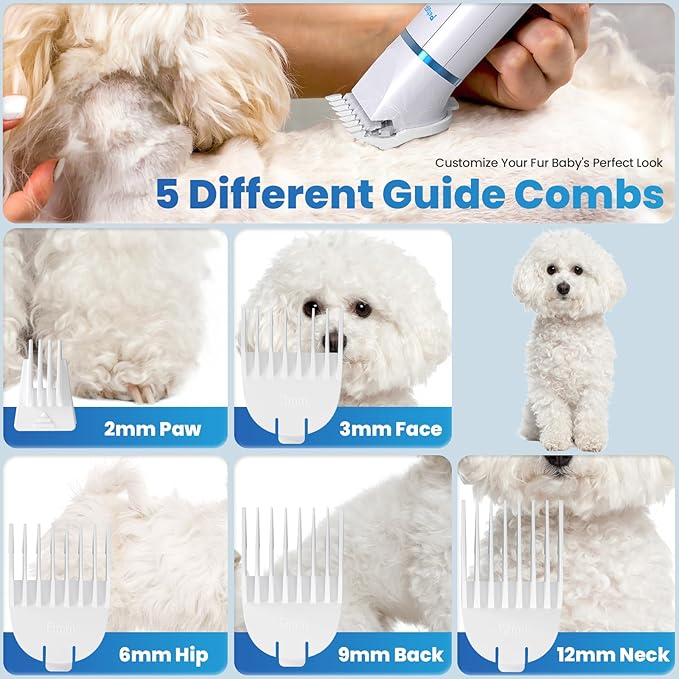 3-in-1 Dog & Cat Grooming Kit - Rechargeable Cordless Pet Hair Clippers with Nail Grinder & Paw Trimmer & 5 Guide Combs, Low Noise Dog Clippers for Grooming Small Medium Pets-PurrikoPets