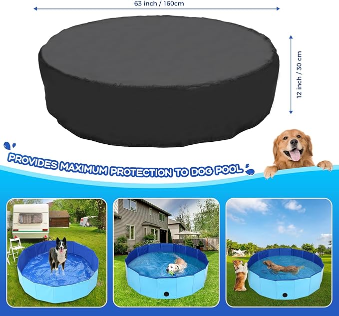 63 inch Foldable Dog Pet Bath Pool Cover, Portable Round Collapsible Pool Cover with Oxford Cloth Material and Drawstring Design for Dog Pet Pool, Waterproof and Dustproof (Black)-PurrikoPets