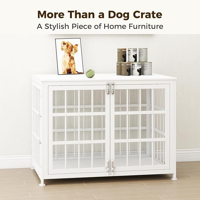32 Inch Heavy Duty Wooden Dog Kennel End Table with Double Door Design and Secure Locks, Indoor Pet Crate Furniture for Medium Dogs, Decorative Home Cage Design,White-PurrikoPets