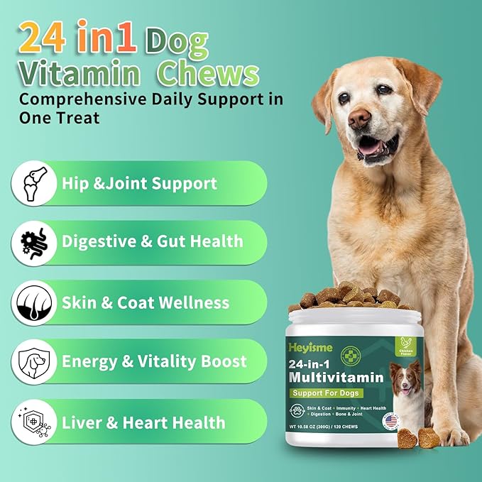 Dog Multivitamin, Glucosamine Chondroitin for Dogs, Dog Vitamins and Supplements, Probiotics, Krill Oil for Hip & Joints, Skin, Coat, Immune Health, Heart, Digestion (120 Chews, Chicken)-PurrikoPets