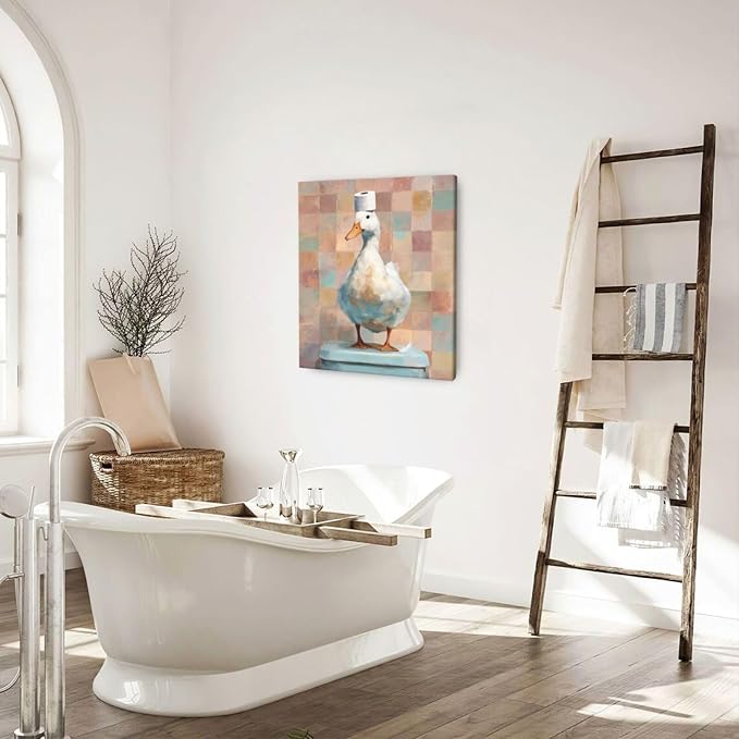 Funny Duck Bathroom Wall Art Cute Duck on Toilet Canvas Wall Decor Funny Quirky Farm Animal Pictures Painting Print Framed Artwork Decorations Gifts for Bathroom 20"x24"-PurrikoPets