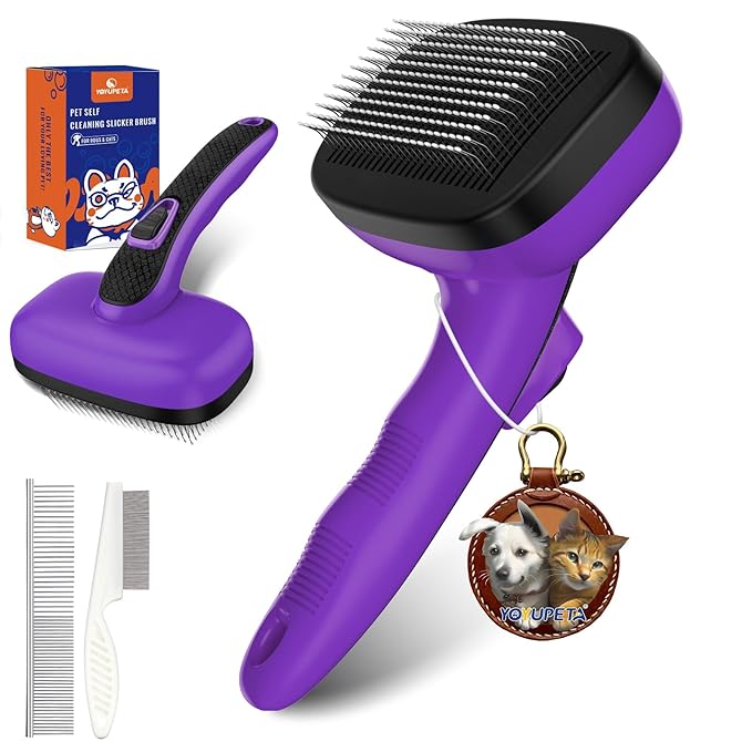 3 PCS Dog Grooming Brush Kit – Self Cleaning Slicker Brush for Shedding Short & Long Haired Dogs & Cats. Removes Loose Fur, Undercoat, Mats, Tangles for Small, Medium & Large Pets. Purple-PurrikoPets