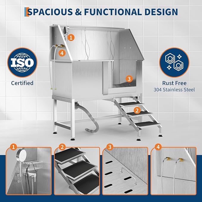 50" Stainless Steel Professional Dog Washing Station - Pet Bathing Tub w/Non-Slip Stairs | Slip-Resistant Floor Grate | for Large/Medium/Small Dogs-PurrikoPets