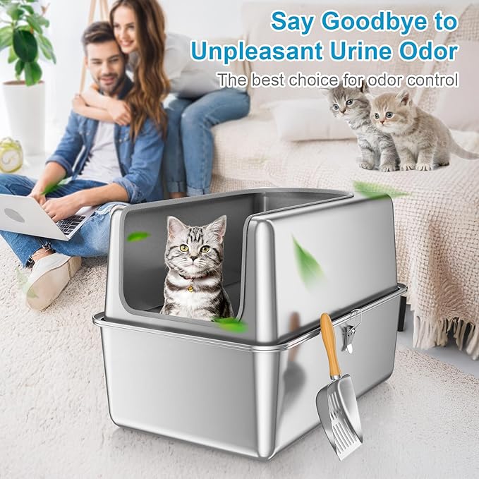 16'' High Sides XXXL All Stainless Steel Cat Litter Box with Lid,8'' Deep Metal Litter Box for Big Cats,Extra Large Litter Boxes with High Wall Enclosure,Anti-Leakage,Never Absorbs Odors,Non-Sticky-PurrikoPets