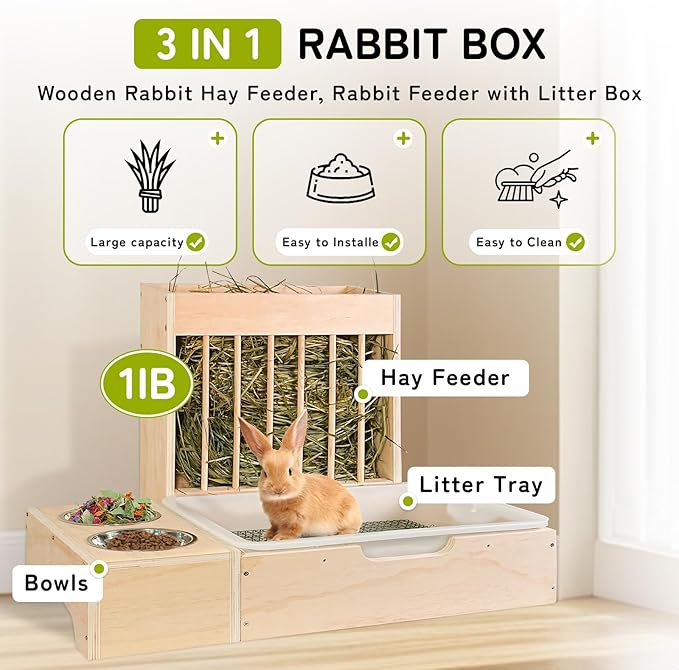3 in 1 Extra Large Rabbit Hay Feeder with Litter Box, Wooden Bunny Toilet, for Large and Medium-Sized Dwarf Rabbit, Guinea Pig, Chinchillas, Hamster, Ferret, Other Animals-PurrikoPets