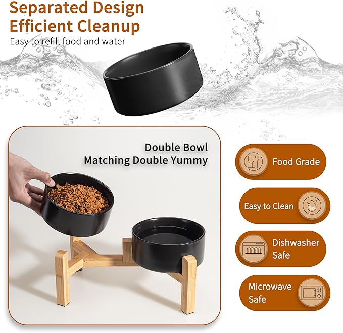 Elevated Ceramic Dog Bowl Set - Raised Dog Bowls with Non-Slip Bamboo Stand - Dog Food and Water Bowl Set - Double Dog Feeding Bowls - Suitable for Small and Medium Dogs - 28.74 OZ - 3.6 CUPS - 850 ML-PurrikoPets