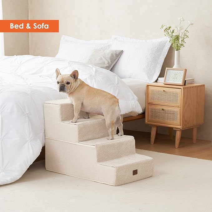 EHEYCIGA Dog Stairs for Bed 20" H, 4-Step Extra Wide Dog Steps for High Bed, Pet Steps for Small Dogs and Cats, Non-Slip Balanced Pet Ramp Indoor, Beige-PurrikoPets