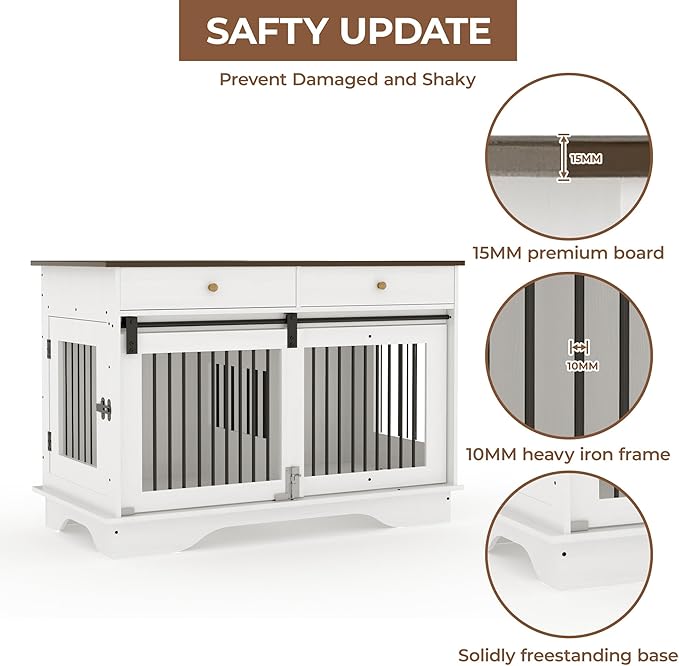 Dog Furniture Crate, 47" Large Dog Crate Furniture w/ 2 Storage Draws & Removable Divider for Large/Medium/Small Dogs (White, Double Cage)-PurrikoPets