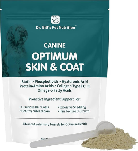 Dr. Bill's Canine Optimum Skin & Coat – Reduces Shedding, Itching, Dry Skin – Allergy Relief for Healthy Fur - Omega 3, Collagen, Biotin & Hyaluronic Acid – 680g Vet-Recommended Dog Supplement-PurrikoPets