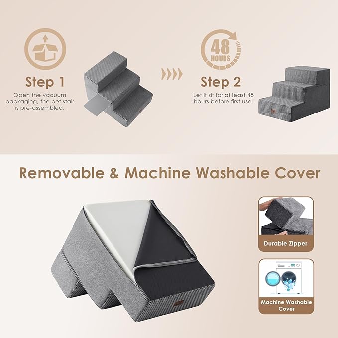 EHEYCIGA Dog Stairs for Small Dogs 16.5" H, 3-Step Extra Wide Dog Steps for Couch Sofa and Chair, Pet Steps for Medium Cats, Non-Slip Balanced Pet Ramp Indoor, Grey-PurrikoPets