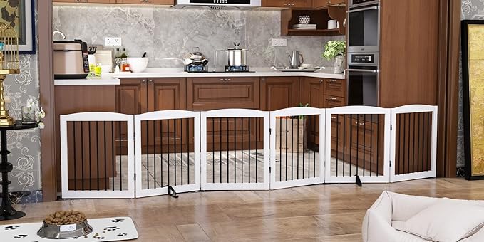 Freestanding Pet Gate for Dogs, Foldable Wooden Dog Gate for House, Extra Wide Indoor Pet Barrier for Stair, Doorway, Hall, Support Feet Included, 120 Inch Wide, 6 Panels 24", White-PurrikoPets