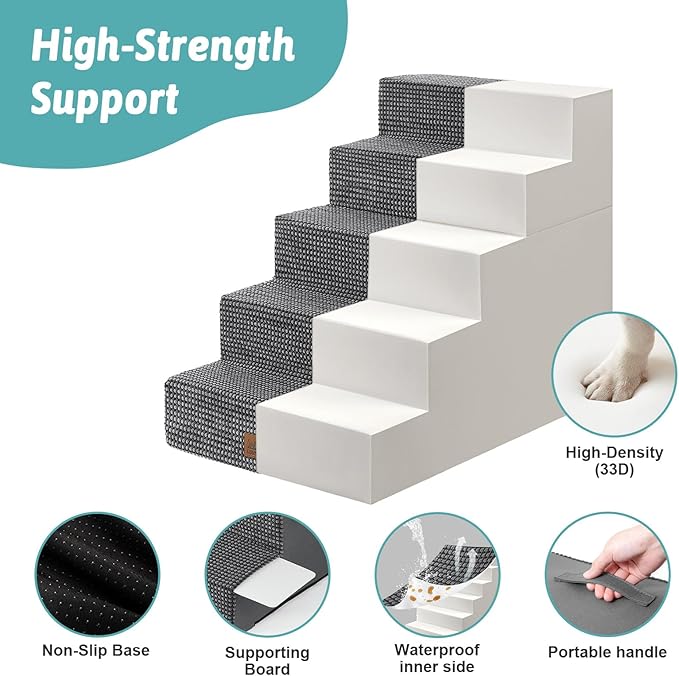 Dog Stairs for Small Dogs, 5 Tier Removable Wider Pet Stairs for Couch and Bed, 23.6" H Non-Slip Dog Steps for Puppies and Old Cats with Support Board, 29.5x19.7x23.6 inch, Dark Grey-PurrikoPets