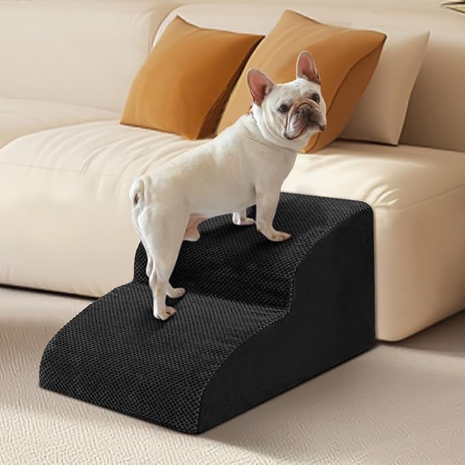 Dog Stairs for Small Dogs - High Density Foam Pet Steps, Extra Wide Dog Ramp with Non-Slip Bottom for High Beds, Couch and Sofa, Best for Dogs Injured, Older Doggy Cats,2 Steps, Black-PurrikoPets