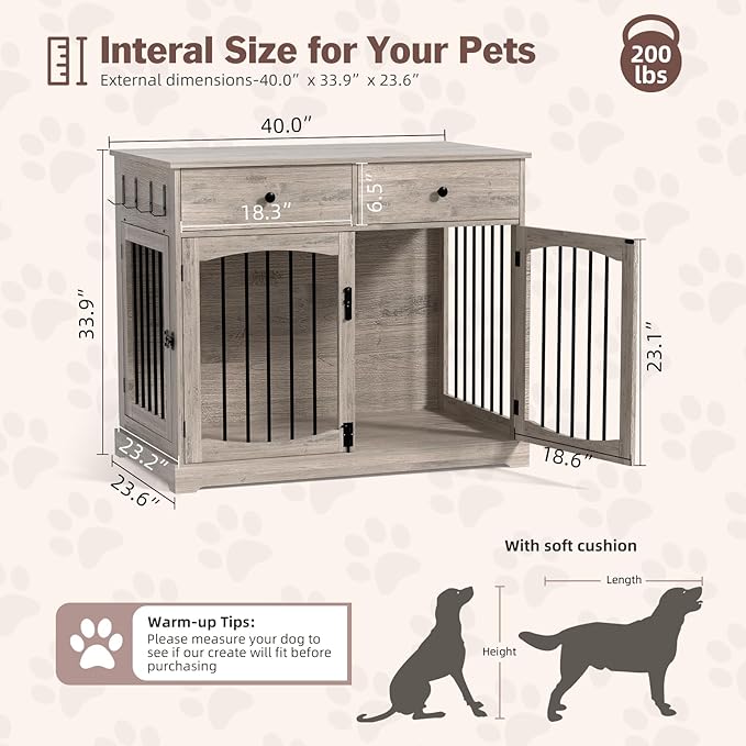 40 Inch Furniture-Style Dog Crate-Multipurpose Wood Pet Crate Furniture with Double Doors,2 Drawers, Decorative Dog House Indoor for Smal/Medium Dogs, Gray Finish-PurrikoPets