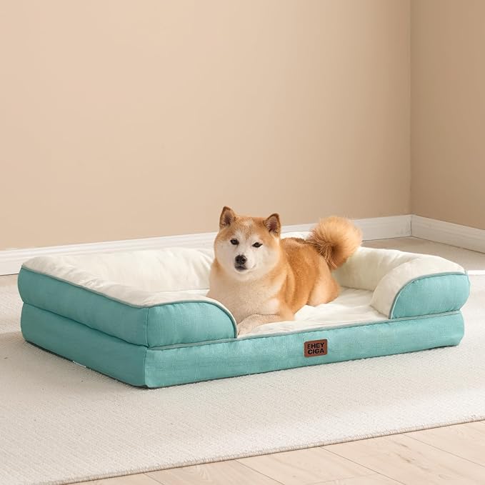 EHEYCIGA Orthopedic Dog Beds for Large Dogs, Waterproof Memory Foam Large Dog Bed with Sides, Non-Slip Bottom and Egg-Crate Foam Pet Couch Bed with Washable Removable Cover, Turquoise Blue-PurrikoPets