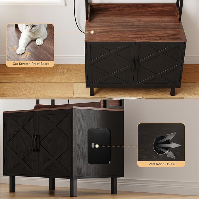 55 Inches Cat Litter Box Enclosure, Hidden Litter Box Furniture with 2 Storage Shelves and Charging Sockets, Wooden Cat House, Large Indoor Cabinet for Living Room & Entryway, Black-PurrikoPets