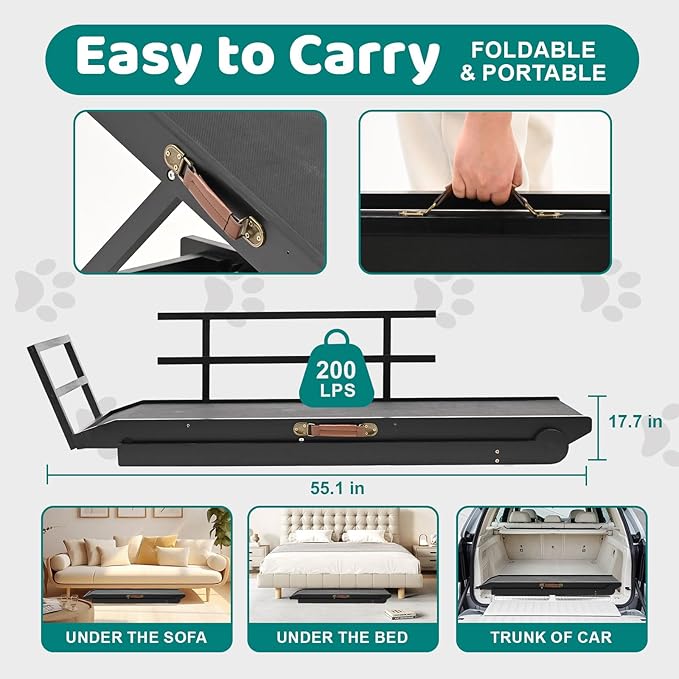 Dog Ramp for Bed, Adjustable Pet Ramps for Dog to Get on Bed, Non-Slip Rubber Surface - Folding Wooden Dog Ramp for Small/Large/Old Dogs, Adjustable up to 27.5 inch High Beds, Safety Railings-PurrikoPets