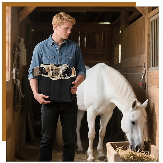 Abbylike 12 Pieces Horse Grooming Kit with Organizer Tote Bag Tack Room Supplies Horse Brush Sets Equine Care Cleaning Kit Shedding Grooming Massaging Tools(Khaki)-PurrikoPets