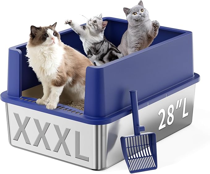 28" Extra Large Stainless Steel Cat Litter Boxes with Lid Metal Cat Litterbox Pan for Big Cats and Multiple Cats, Anti-Leakage, Easy Cleaning, Include Scoop-PurrikoPets