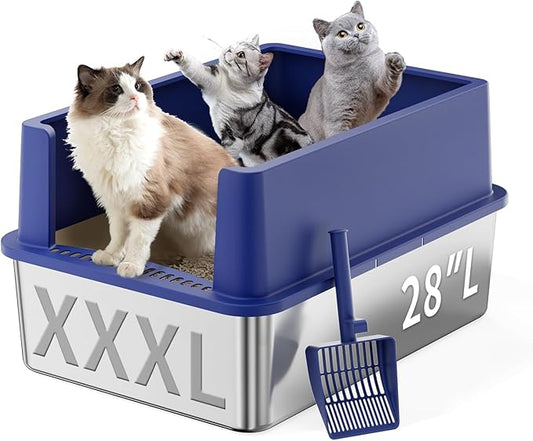 28" Extra Large Stainless Steel Cat Litter Boxes with Lid Metal Cat Litterbox Pan for Big Cats and Multiple Cats, Anti-Leakage, Easy Cleaning, Include Scoop-PurrikoPets