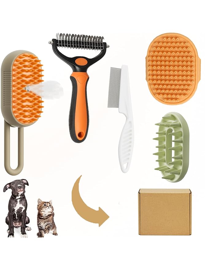 5 Pack Pet Steam Brush Kit – Pet Water Brush for Cats Shedding – Includes Steam Brushes, Undercoat Rake, Massage & Flea Comb for Cats and Dogs - Matted Fur Dematting Tool-PurrikoPets