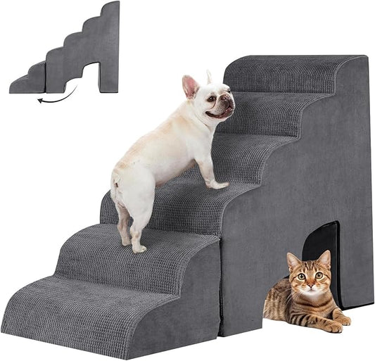 6 Step Dog Stairs&Steps 29 Inches Tall Up to 29-32 Inches High Bed, Dog Ramp Cat Stairs Pet Ladder for Small Medium Dogs, Doggie, Old Cats, Kitty, Grey-PurrikoPets