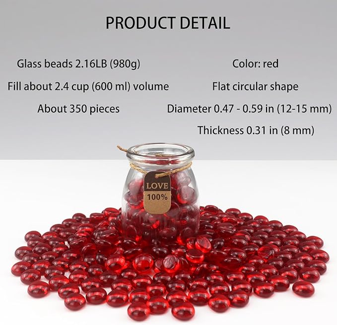 2.16LB Glass Beads Vase Filler Aquarium Gravel Decor Flat Glass Marbles Gems Pebbles Fish Tank Rocks Home Decorative Art Craft - Red-PurrikoPets