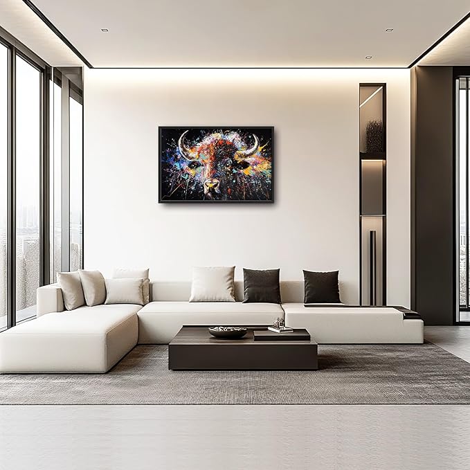 Framed Large Bison Buffalo Wall Art for Living Room, Oversized Graffiti Yak Cow Wall Decor Banksy Bull Canvas Painting Animal Pictures Modern Artwork for Living Room Bedroom Office 36"x24"-PurrikoPets