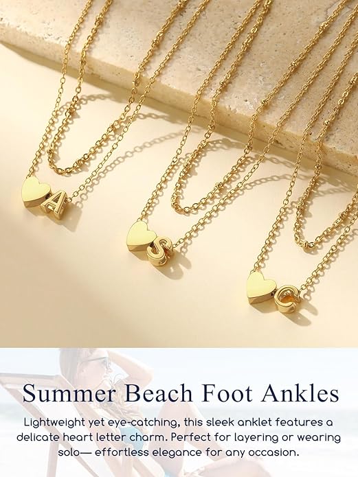 Suplight Stainless Steel Initial Ankle Bracelets for Women Layered Dainty Heart Anklet Beaded Anklets for Women Waterproof Plus Size Ankle Foot Chain Summer Essentials Jewelry(with Gift Box)