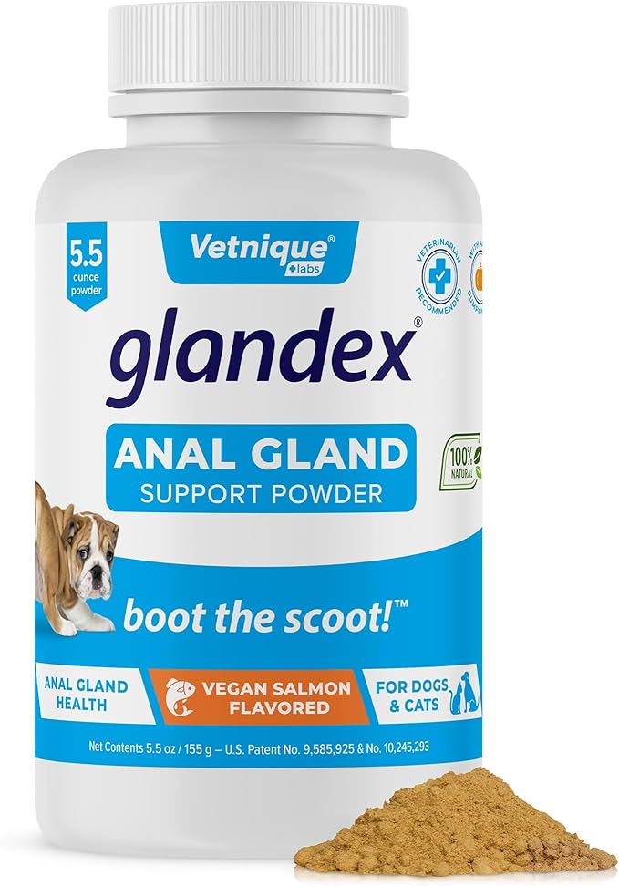 Glandex Dog Fiber Supplement Powder for Anal Glands with Pumpkin, Digestive Enzymes & Probiotics - Vet Recommended (Regular or Advanced Strength) - Boot The Scoot (5.5 oz, Vegan Salmon)-PurrikoPets