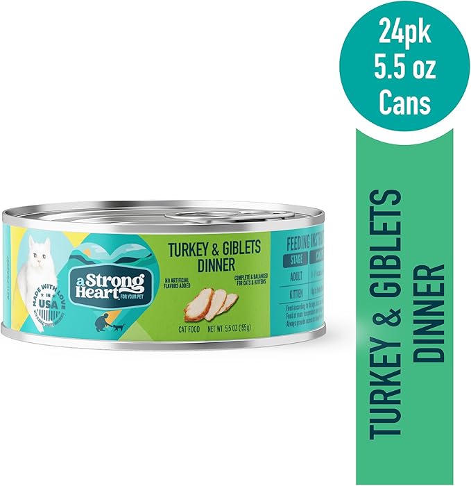 A Strong Heart Canned Wet Cat Food, Turkey & Giblets Dinner - 5.5 oz Cans (Pack of 24), Made in The USA with Real Turkey & Savory Giblets-PurrikoPets