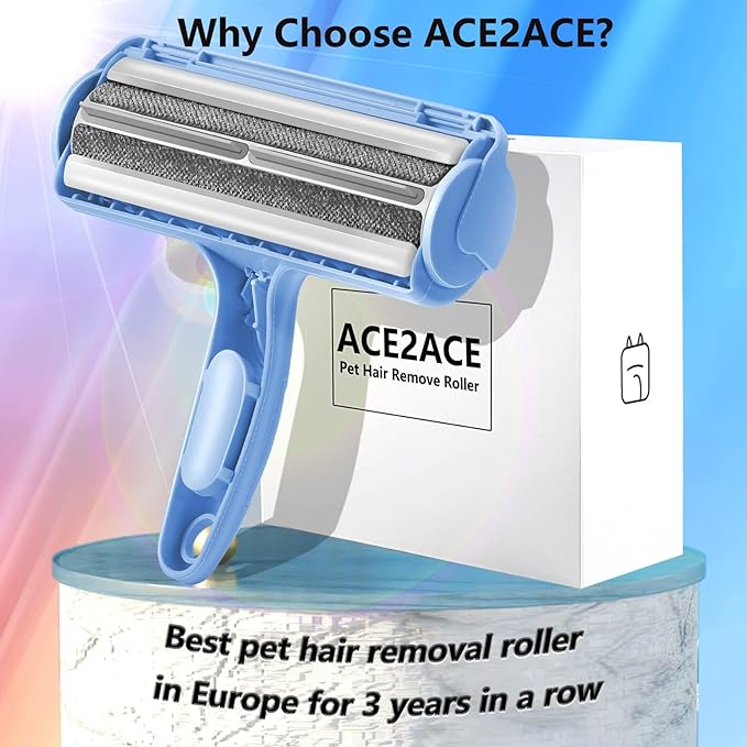 ACE2ACE Pet Hair Removal Tool, Lint Roller Brush for Cats and Dogs, Reusable Self Clean Pet Fur Remover, Pet Hair Remover for Laundry, Carpet, Furniture, Couch, Sofa and Bedding (Blue)-PurrikoPets