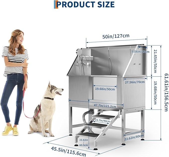50" Stainless Steel Professional Dog Washing Station - Pet Bathing Tub w/Non-Slip Stairs | Slip-Resistant Floor Grate | for Large/Medium/Small Dogs-PurrikoPets