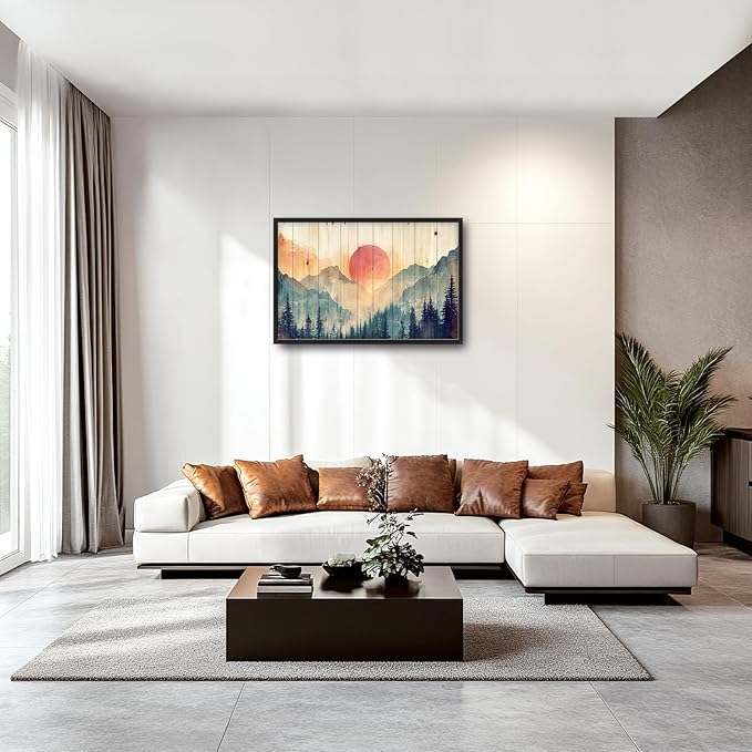 Framed Large Cabin Mountain Wall Art for Living Room, Oversized Rustic Forest Wall Decor, Rustic Nature Landscape Canvas Painting Sunset Pictures Home Decoration for Bedroom Office 36"x24"-PurrikoPets