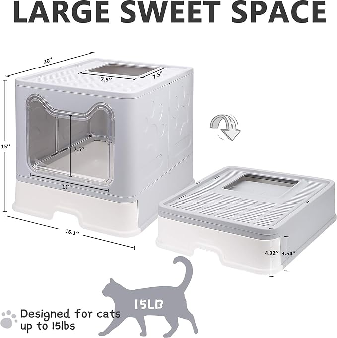 Foldable Cat Litter Box with Lid, Enclosed Potty, Large Top Entry Anti-Splashing Toilet, Easy to Clean Including Litter Scoop and 2-in-1 Cleaning Brush (Grey)-PurrikoPets