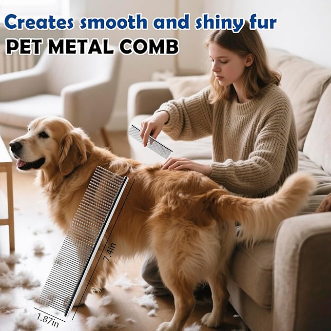 Dog Grooming Brush Set – 5-Piece Kit for Medium & Long-Haired Dogs | Includes Long Pin Brush, Flea Comb, Bath Glove, Silicone Glove, Metal Comb | For Poodles, Huskies & More (Blue)-PurrikoPets