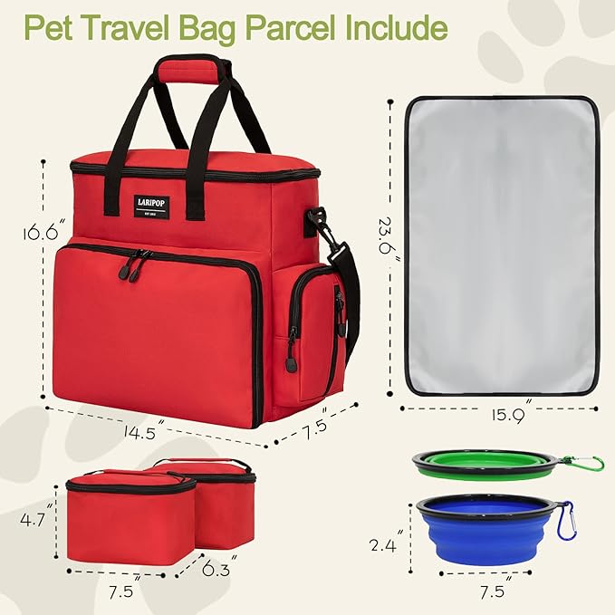 Dog Travel Bag,Weekend Pet Travel bag Set for Dog and Cat,Airline Approved Tote Multi-Function Bags for Traveling,Include 2 Collapsible Bowls,2 Food Storage Containers,1 Feeding Mat,Red-PurrikoPets