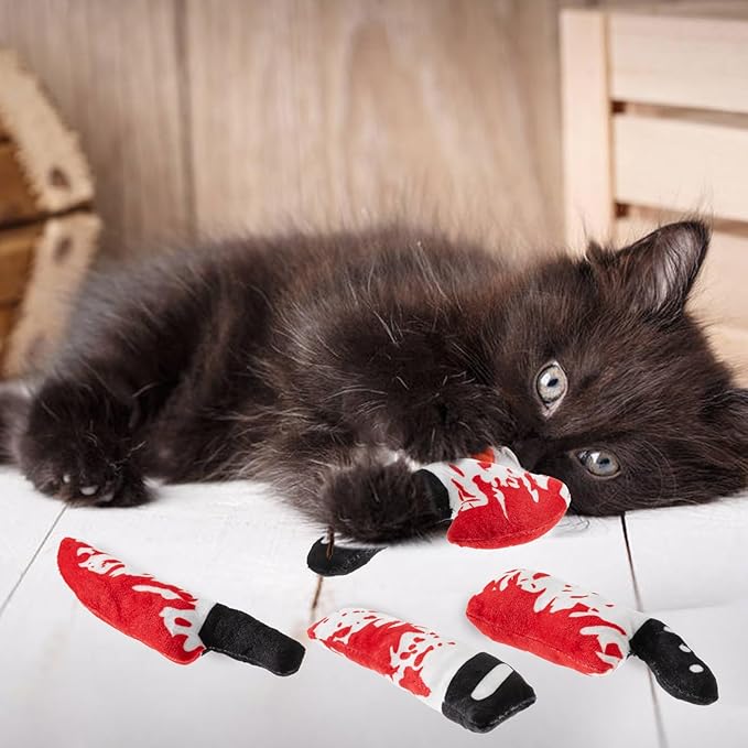 8pcs Catnip Toy, Indoor Knife Shaped Cat Toy Horror Plush Interactive Chew Bite Toys for Halloween Christmas Cat Kitten Indoor Festive Holiday Cat Lover Gift-PurrikoPets