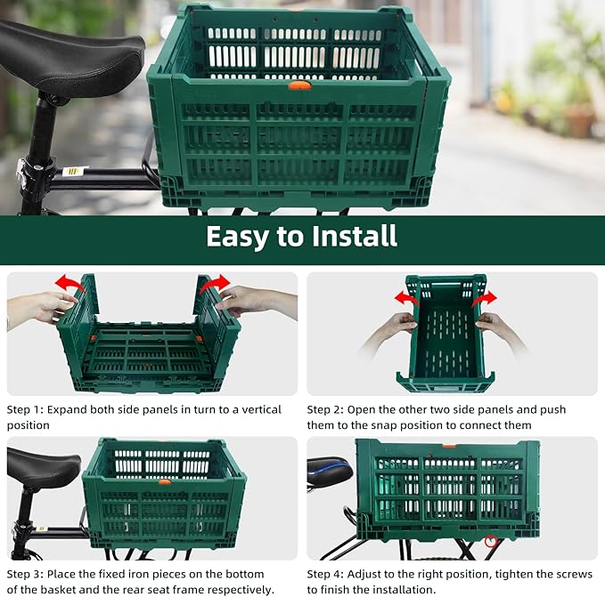 Foldable Large Green Plastic Bicycle Rear Basket with Cargo Net and Waterproof Cover Net for Shopping Outings, Pets, School, Picnics or Outdoor Activities, Easy to Install on Rack Mount-PurrikoPets
