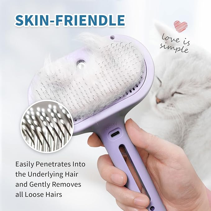 3 in 1 Steam Cat Brush for Shedding - Self-Cleaning Dog Grooming Tool for Long and Short Hair Pets - Removes Static, Flying Hair, and Loose Fur (Purple)-PurrikoPets