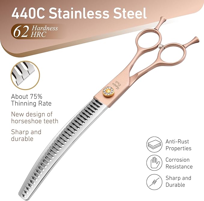 Fenice Peak Professional Curved Chunker Dog Grooming Scissors 8.0'' Rose Gold Thinning Shears Extremely Sharp Blades 440C Stainless Steel Thinning Shears Durable Smooth Fine Cut for Dogs and Cats.-PurrikoPets