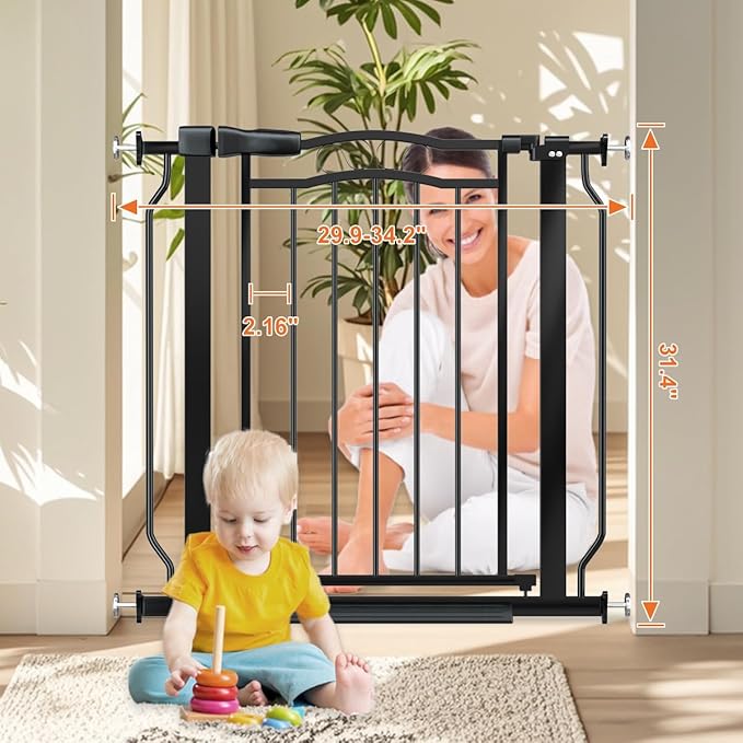 30" Tall Narrow Baby Gate for Doorways No Drill 29.5-33.8" Wide, Auto Close Press Mounted Baby Gate Indoor for Kids, Walk Through Pet Gates for Stairs, Black-PurrikoPets
